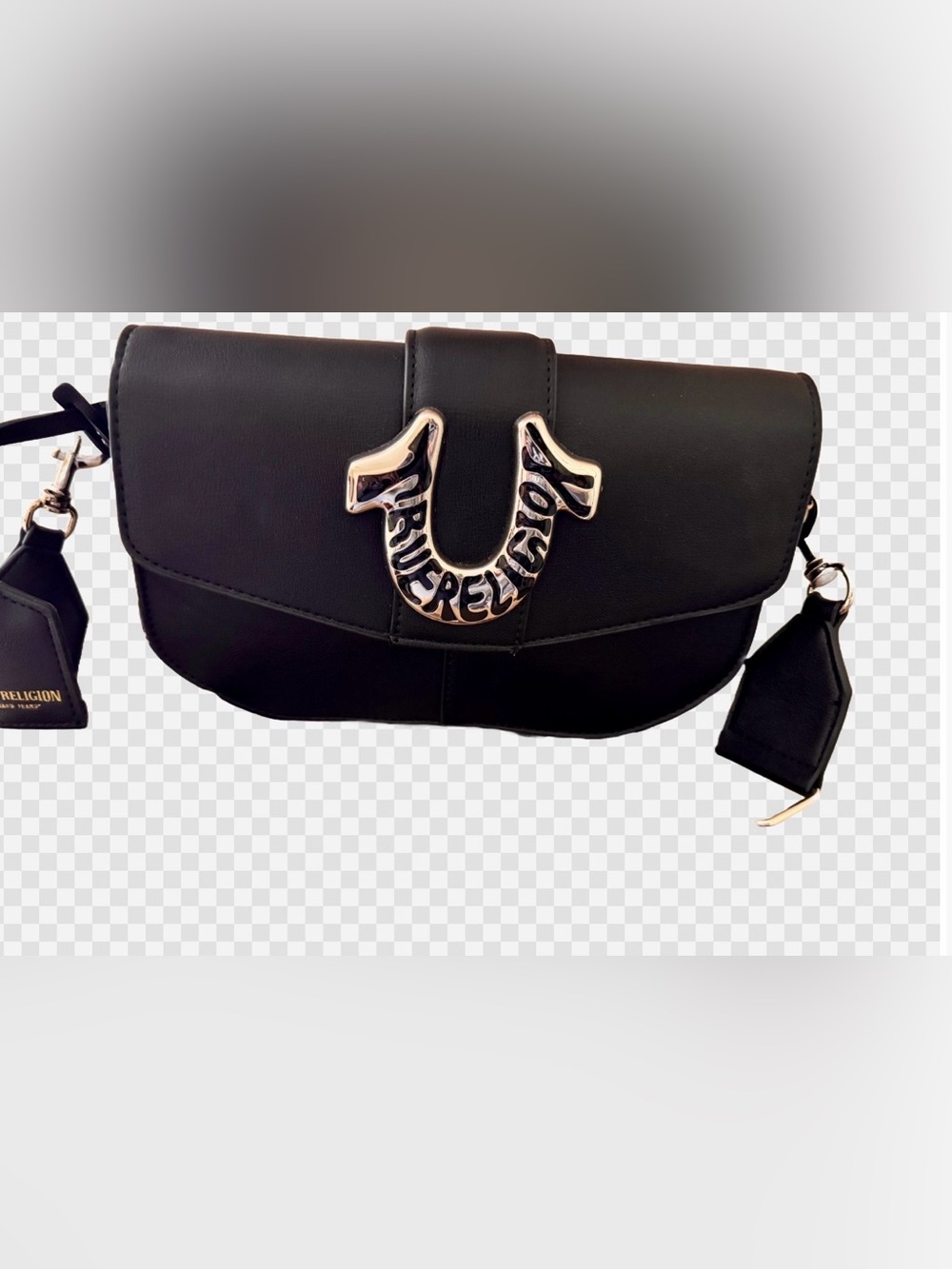 True Religion Black Leather Shoulder Bag with Silver Horseshoe Logo